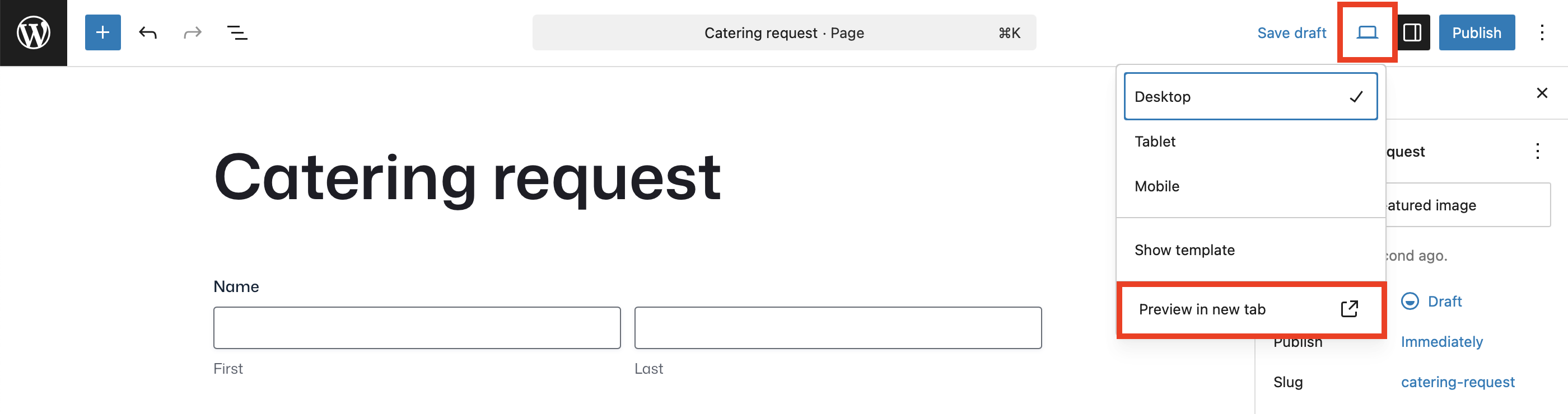 restaurant form preview in new page